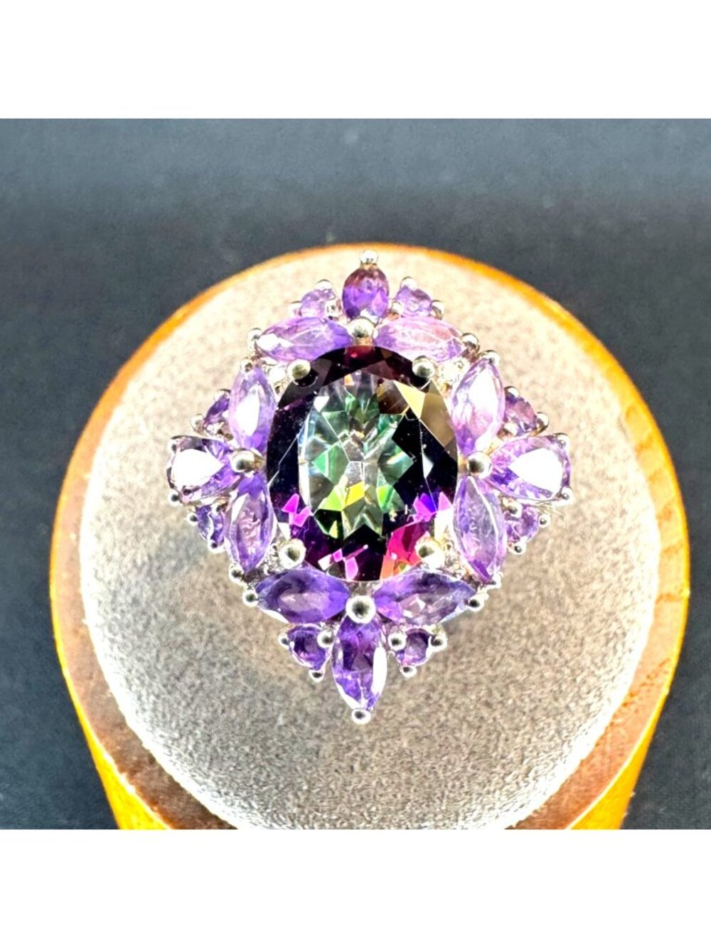 DJoy Sterling Silver 925 Mystic Topaz & Amethyst Statement Ring Size 8.75